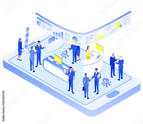 スマホの中の未来型ビジネスオフィス アイソメトリックイラスト