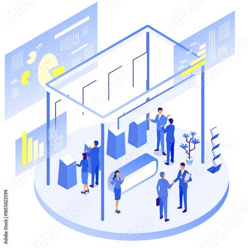 未来型データ分析オフィス アイソメトリックイラスト
