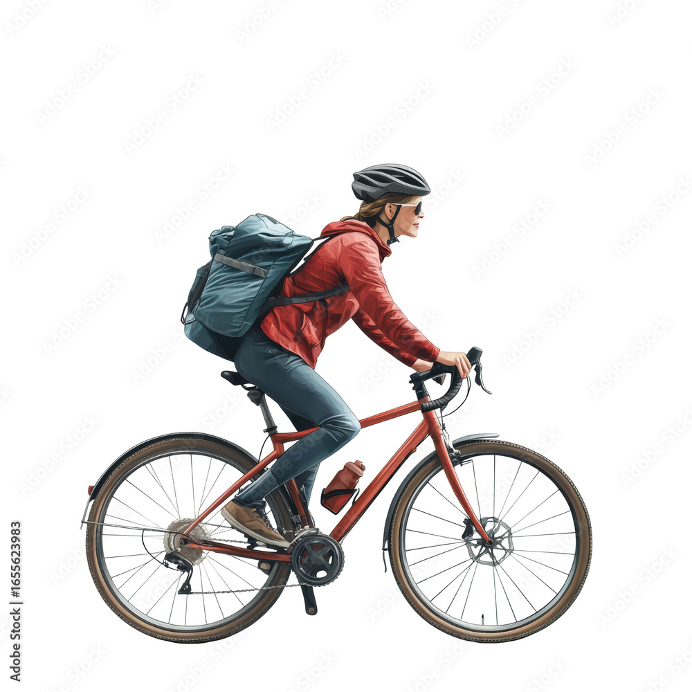 Obraz premium Female cyclist biking with travel gear 