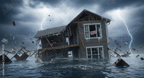 Turbulent Tides Foreclosure Home Engulfed by a Storm - Resilience in the Face of Disaster