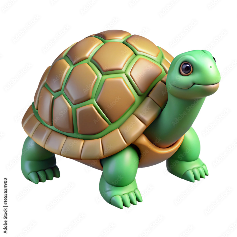 Obraz premium Cartoon Green Turtle with Brown Shell Bright Eyes Playful Pose on Transparent Background