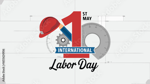 1st May International Labor Day Celebration Featuring Hard Hat, Pencil, and Engineer's Ruler
