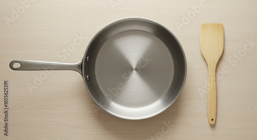 Stainless Steel Frying Pan and Wooden Spatula on Light Wood Surface