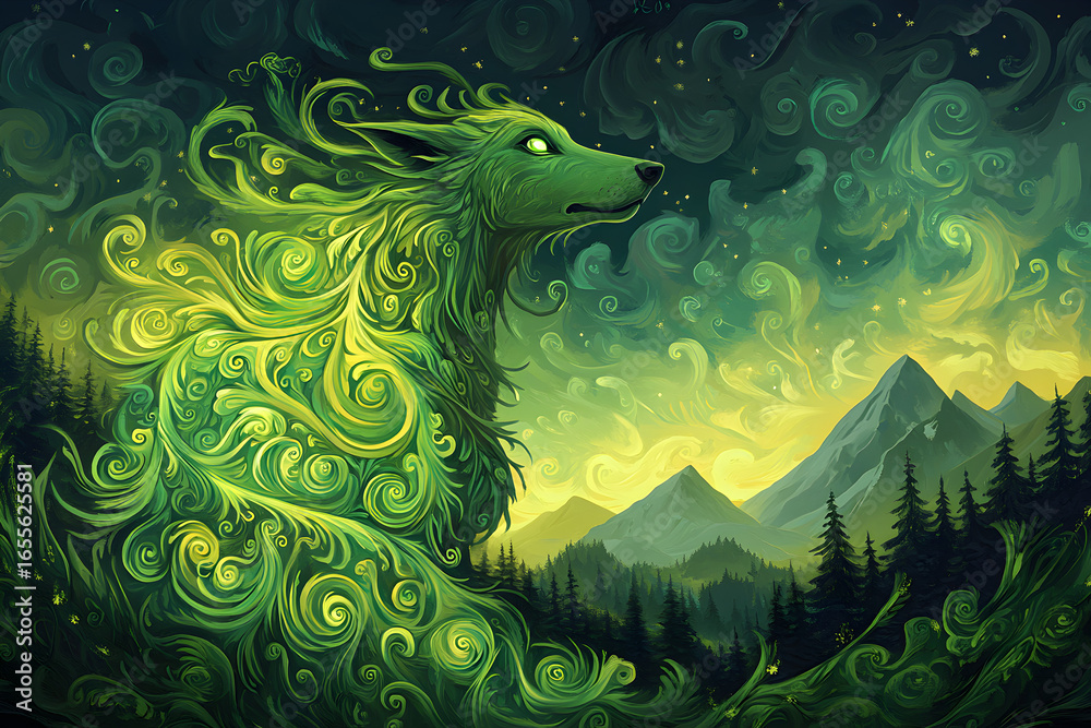 Obraz premium Celtic mythology Cù-sìth hound illustration, folklore spirit dog with ancient spiral patterns, Irish and Scottish fantasy artwork concept of legendary green fae hound.