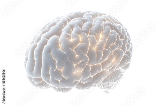 Glowing anatomical brain with scientific connections showing mind and cognition concept on transparent background.