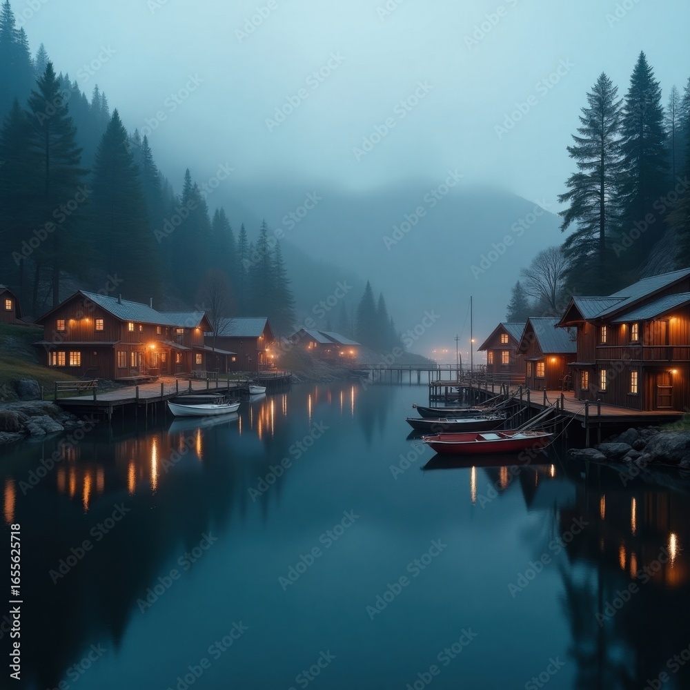 Fototapeta premium Misty Morning Village on a Serene Lake