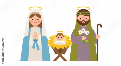 Nativity Scene Depicting Mary, Joseph, and Baby Jesus in Stable.