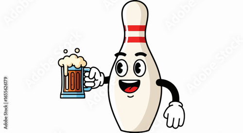 Cartoon Bowling Pin Character Holding a Beer Mug.