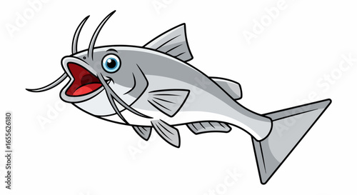 Cartoon Catfish with Open Mouth and Long Whiskers.