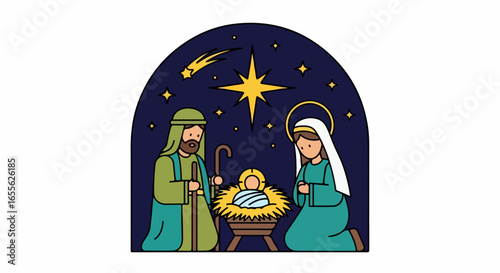 Cartoon Nativity Scene Depicting Holy Family and Star.