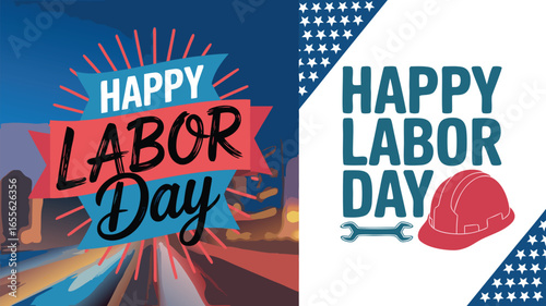 Happy Labor Day Illustration Featuring Patriotic Graphics, Wrench, Construction Hard Hat, and Cityscape Background
