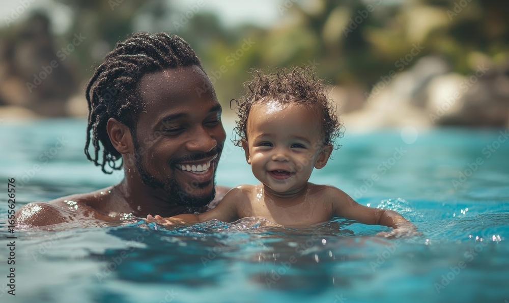 Joyful African American father and his toddler son learning to swim in a swimming pool while on vacation, capturing a bonding moment in water. Father's Day concept with copy space, Generative AI Joyful African American father and his toddler son learning to swim in a swimming pool while on vacation, capturing a bonding moment in water. Father's Day concept with copy space, Generative AI
