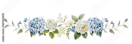 Elegant watercolor hydrangea and rose floral arrangement for wedding invitations and design transparent background