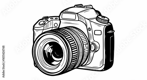 Detailed Sketch of a Modern Digital SLR Camera with a Large Lens.