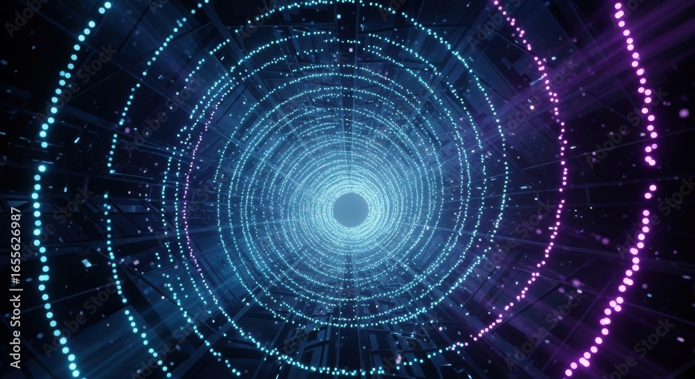 Obraz premium Abstract Digital Tunnel Glowing Neon Circles and Data Streams in Cyberspace