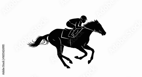 Silhouette of a Jockey Riding a Galloping Horse in Motion.