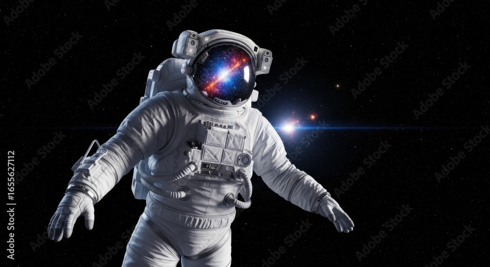 Fototapeta premium Astronaut in White Suit Floating in Space with Starry Background and Bright Light