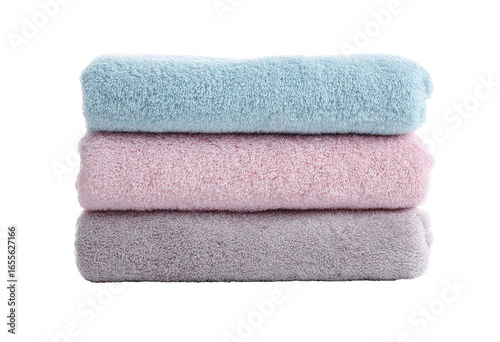 Three soft, textured towels stacked vertically.  Pastel shades of light blue, light pink, and gray.  Close-up, isolated view