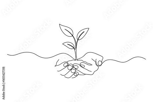 Minimalist One-Line Drawing of Hands Holding a Growing Plant – Symbol of Growth and Care