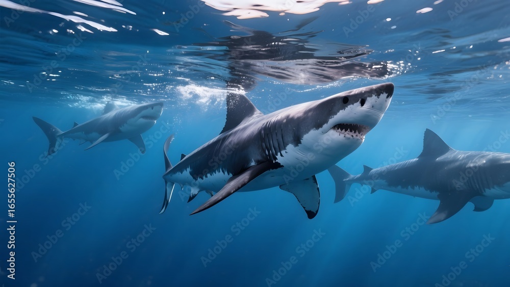 Fototapeta premium Great White Sharks Swimming Underwater with Sunlight Filtering Through