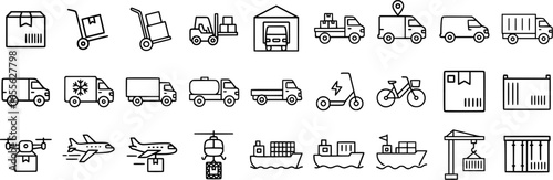 Icon set of commercial vehicles line, vector pictograms of container, pallet, forklift, plane, drone, helicopter, ship, train, cargo truck, warehouse, thin linear illustration