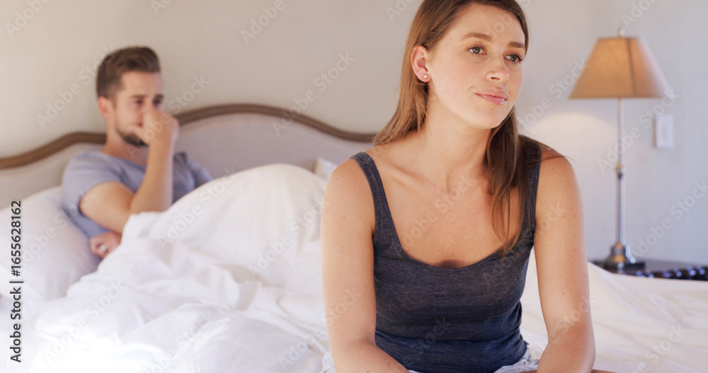 Fototapeta premium Sad, woman and couple in bedroom, breakup or thinking of betrayal, upset or marriage regret in home. Cheating, spouse and reflection for divorce, mental health and people in toxic relationship