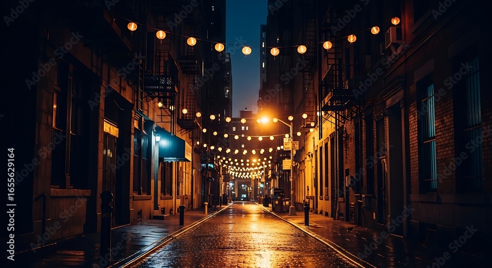 Fototapeta premium Atmospheric Urban Alleyway at Dusk Adorned with Warm String Lights, Reflecting on Wet Pavement, Creating a Charming and Inviting Evening Street Scene