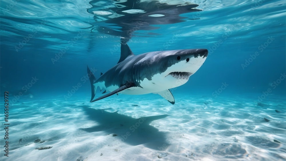 Fototapeta premium Great White Shark Swimming in Clear Blue Waters