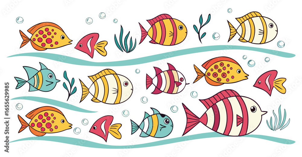 Naklejka premium A Lively Underwater Scene with Diverse Cartoon Fish and Seaweed on a White Background illustration