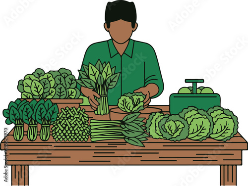Market vendor presenting a colorful array of fresh green vegetables on a wooden stall, symbolizing local produce, healthy eating, and small business.