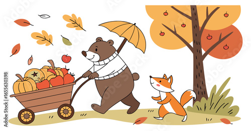 Cartoon Bear Pushing Wheelbarrow of Pumpkins with Fox Companion in Autumn fall season