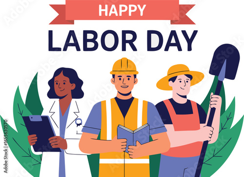 Happy Labor Day Illustration Featuring Doctor, Construction Worker, and Farmer with a Shovel