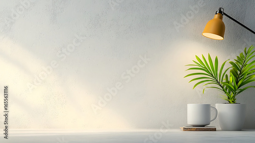 Minimalist design featuring modern workspace with potted plant, white mug, and stylish lamp, creating serene atmosphere