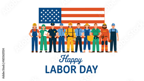 Labor Day Illustration Workers Standing in Front of American Flag Celebrating Labor Day