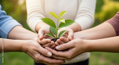 A community of diverse hands carefully nurturing a green sapling, symbolizing unity, sustainable growth, and shared responsibility for our planet.