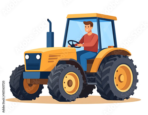 Happy farmer driving a yellow tractor across a field.