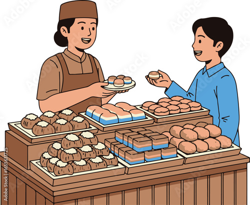 Seller assisting a customer at a bakery counter, offering various pastries and baked goods for purchase