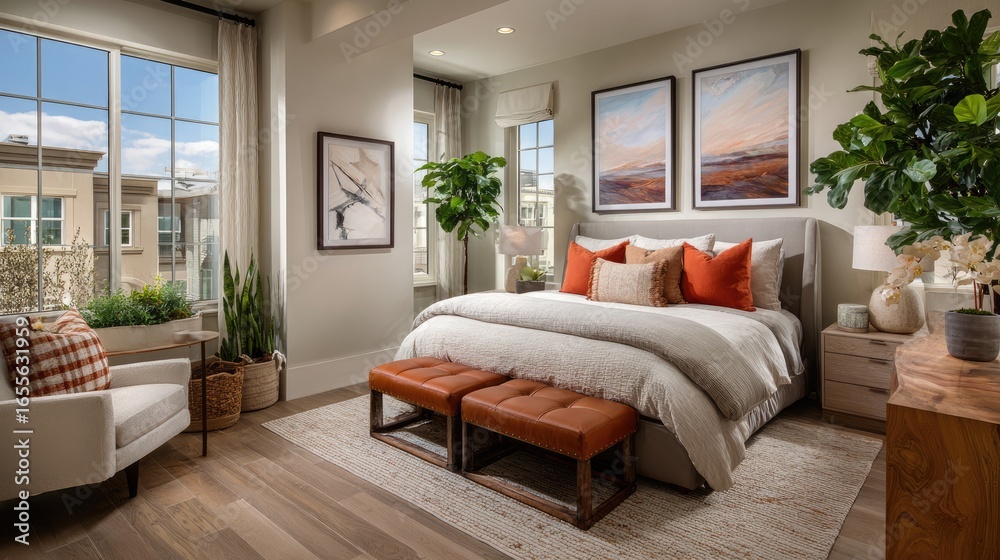 Fototapeta premium Modern and Stylish Bedroom Interior with Warm Tones and Natural Light in Decorative Space