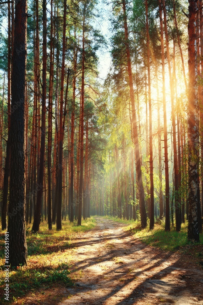 Fototapeta premium Sunlit path through a pine forest