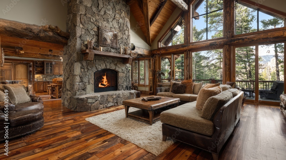 Fototapeta premium Cozy rustic living room with stone fireplace, wooden beams and large windows showcasing nature views