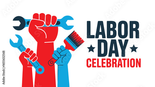 Labor Day Celebration Red and Blue Hands Holding Wrenches and Paint Brush Design
