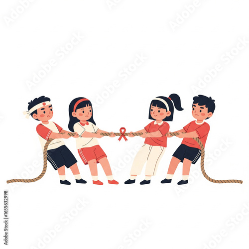 Indonesia traditional special games during independence day, children tug of war. Flat Illustration style.