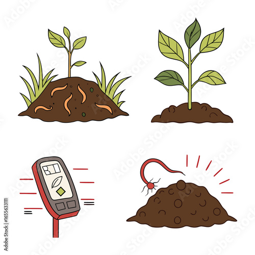 Soil Health and Plant Growth Icons with Earthworms and Testing Devices seedling