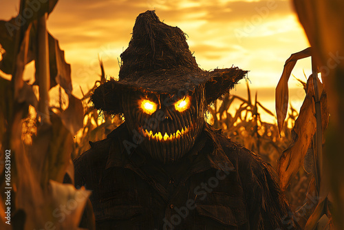 Creepy scarecrow in corn maze at Halloween haunted house event, spooky horror attraction with jump scare actor, autumn festival fright night background illustration.