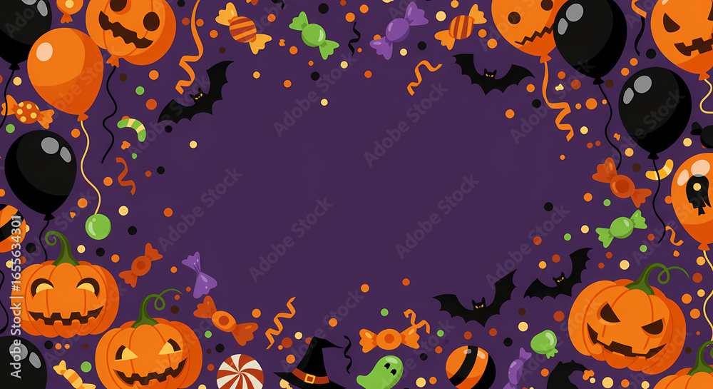 Fototapeta premium Halloween Party Invitation Spooky Pumpkins, Bats & Candy