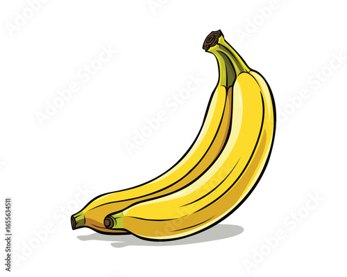 Two ripe yellow bananas, slightly curved, depicted in a stylized illustration against a white background.