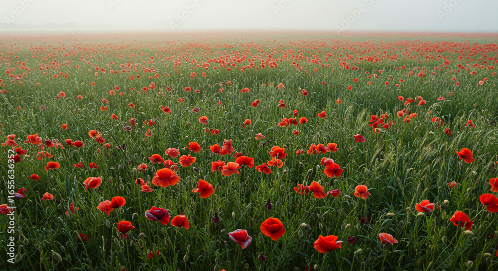Obraz premium A vast field filled with vibrant red poppies under a hazy and overcast sky landscape view