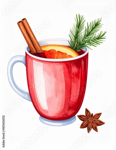 Festive Watercolor Illustration of Mulled Wine with Orange and Cinnamon in Red Cup