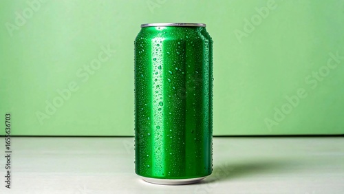 Green soda can with water drops on fresh background isolated for beverage design
