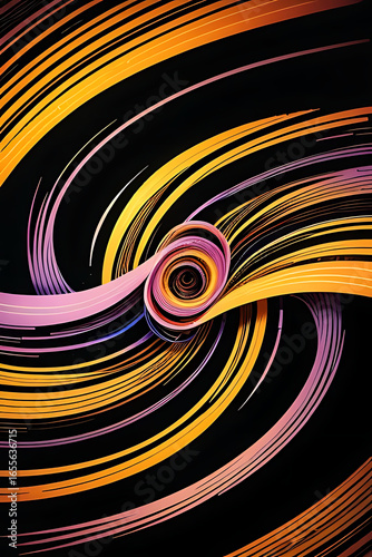 Abstract swirling vortex of vibrant orange, yellow, and purple lines against a black background.